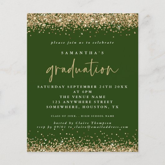 Budget Emerald Gold Glitter 2024 Afstuderen Invite (Voorkant)