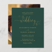 Budget Emerald Gold Script Photo Wedding Invite (Voorkant / Achterkant)