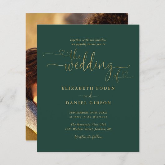 Budget Emerald Gold Script Photo Wedding Invite (Voorkant / Achterkant)
