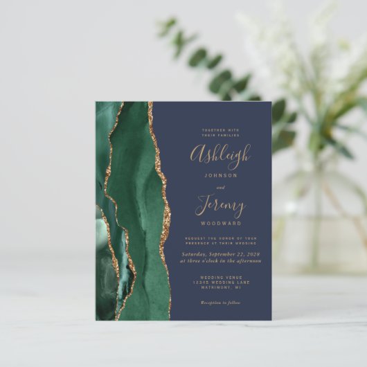 Budget Emerald Green Agaat Marine bruiloft uitnodi (Staand voorkant)