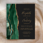 Budget Emerald Green Agate Dark Wedding Invitation<br><div class="desc">De linkerrand van deze elegante moderne huwelijksuitnodiging is voorzien van een smaragdgroene waterverf aan de rand van de afgrond die is afgesneden met faux gold glitter. De aanpasbare tekst combineert goudkleurige handteksten, copperplate en cursieve doopvonten op een donkere houtskoolgrijze achtergrond. De achterzijde is voorzien van een bijbehorend, groen en goudvormig...</div>