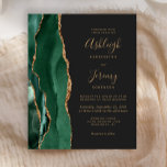Budget Emerald Green Agate Dark Wedding Invitation<br><div class="desc">De linkerrand van deze elegante moderne huwelijksuitnodiging is voorzien van een smaragdgroene waterverf aan de rand van de afgrond die is afgesneden met faux gold glitter. De aanpasbare tekst combineert goudkleurige handteksten, copperplate en cursieve doopvonten op een donkere houtskoolgrijze achtergrond. De achterzijde is voorzien van een bijbehorend, groen en goudvormig...</div>
