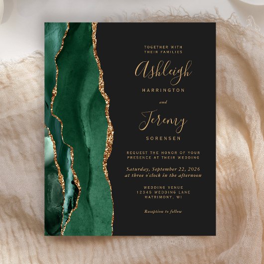 Budget Emerald Green Agate Dark Wedding Invitation