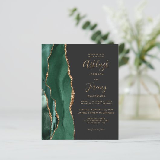 Budget Emerald Green Agate Dark Wedding Invitation (Staand voorkant)