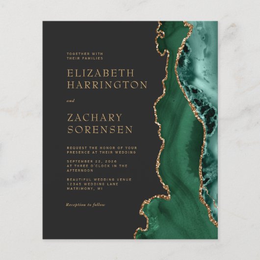 Budget Emerald Green Agate Gold Wedding Uitnodigin (Voorkant)