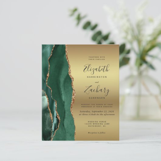 Budget Emerald Green Agate Gold Wedding Uitnodigin (Staand voorkant)