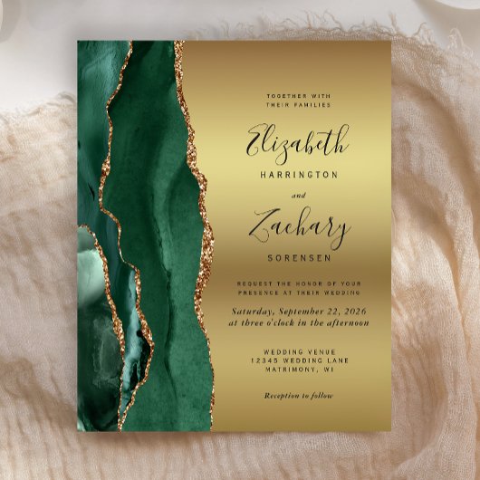 Budget Emerald Green Agate Gold Wedding Uitnodigin