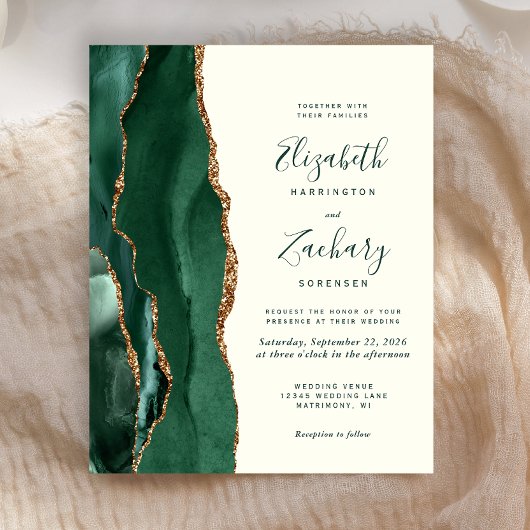 Budget Emerald Green Agate Ivory Wedding Invite