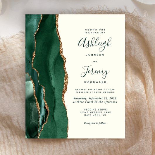 Budget Emerald Green Agate Ivory Wedding Invite