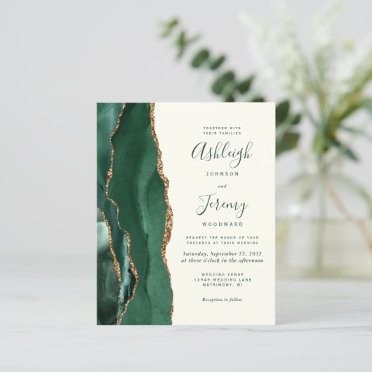 Budget Emerald Green Agate Ivory Wedding Invite (Staand voorkant)