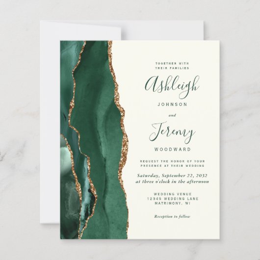 Budget Emerald Green Agate Ivory Wedding Invite (Voorkant)