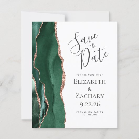 Budget Emerald Green Agate Roos Gold Save the Date (Voorkant)