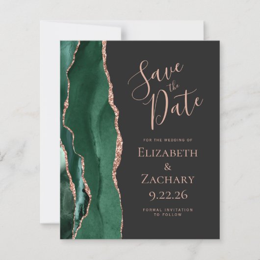 Budget Emerald Green Agate Roos Gold Save the Date (Voorkant)