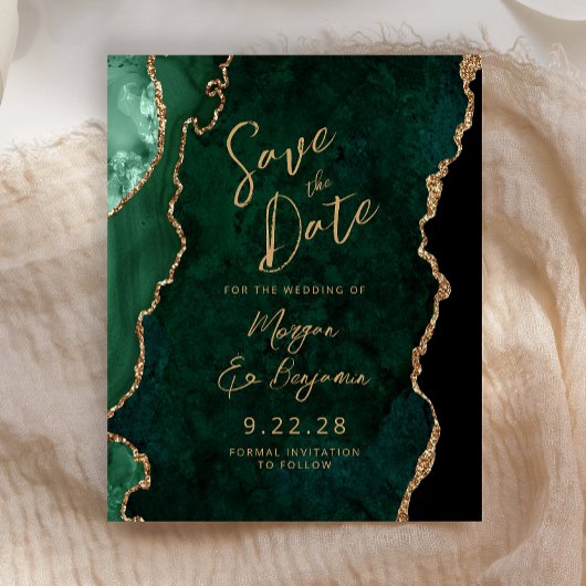 Budget Emerald Green Agate Script Save the Date