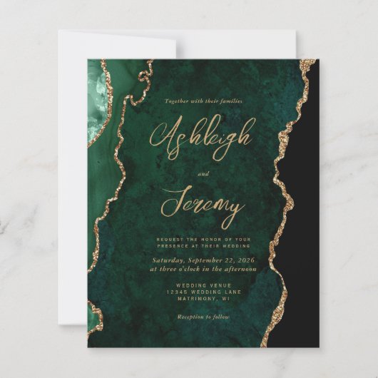 Budget Emerald Green Agate Script Wedding Invite (Voorkant)