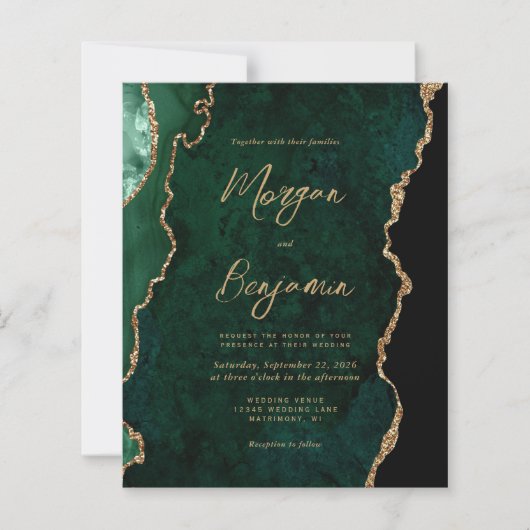 Budget Emerald Green Agate Script Wedding Invite (Voorkant)