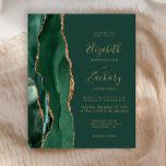 Budget Emerald Green Agate Wedding<br><div class="desc">De linkerrand van deze elegante moderne huwelijksuitnodiging is voorzien van een smaragdgroene waterverf aan de rand van de afgrond die is afgesneden met faux gold glitter. De aanpasbare tekst combineert goudkleurige handschrift-, copperplate- en cursieve lettertypen op een smaragdgroene achtergrond. De achterzijde is voorzien van een bijbehorend, groen en goudvormig ontwerp....</div>