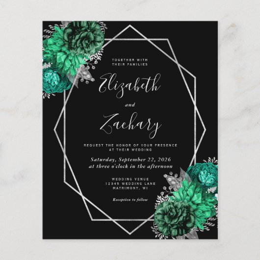 Budget Emerald Green Bloemen Zilver Zwart Trouwen (Voorkant)