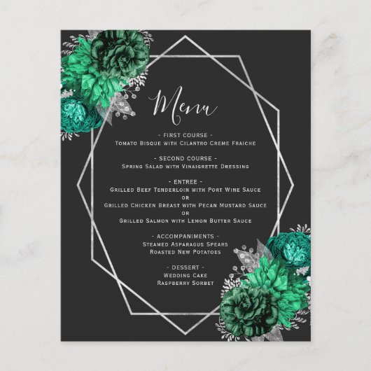 Budget Emerald Green Bloemen Zwart Trouwmenu (Voorkant)
