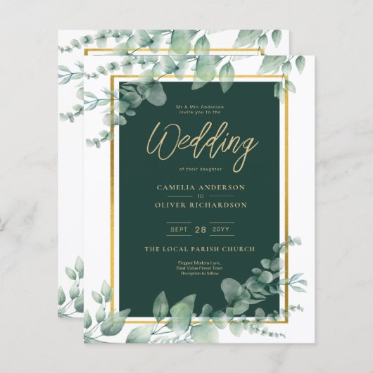 Budget Emerald Green Botanical Gold Wedding Invite (Voorkant / Achterkant)