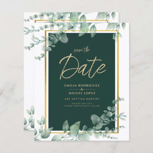 Budget Emerald Green Botanical Gold Wedding Invite (Voorkant / Achterkant)