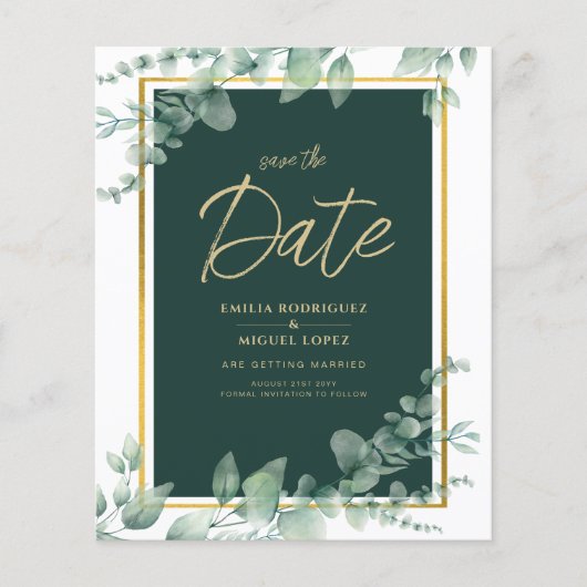 Budget Emerald Green Botanical Gold Wedding Invite (Voorkant)