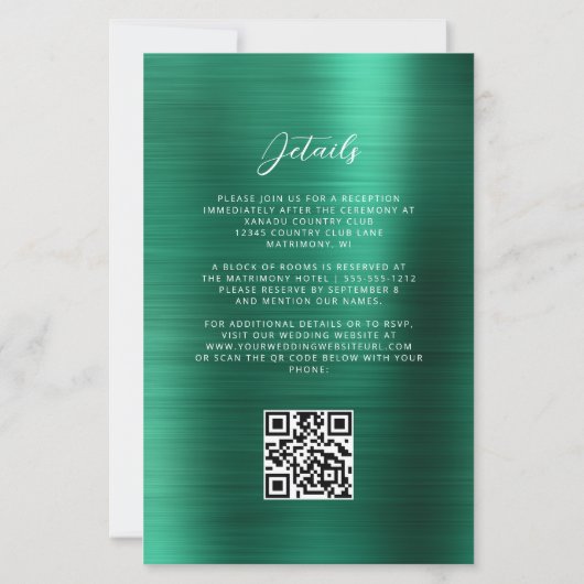 Budget Emerald Green Brushed Metal QR Code Trouwen (Achterkant)