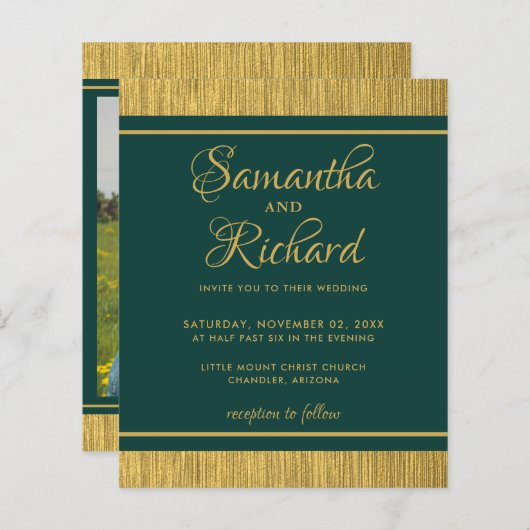 Budget Emerald Green en Gold Photo Wedding Invite (Voorkant / Achterkant)