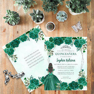 Budget Emerald Green Floral Princess Quinceañera