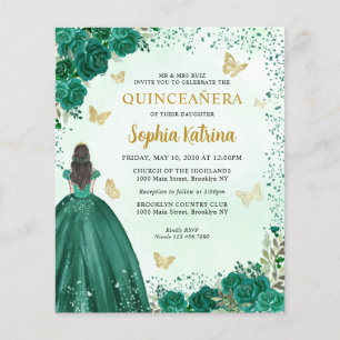 Budget Emerald Green Floral Princess Quinceanera