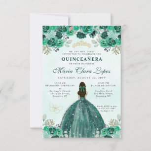 Budget Emerald Green Floral Princess Quinceañera Notitiekaartje