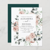 Budget Emerald Green Floral Wedding Invitation (Voorkant / Achterkant)