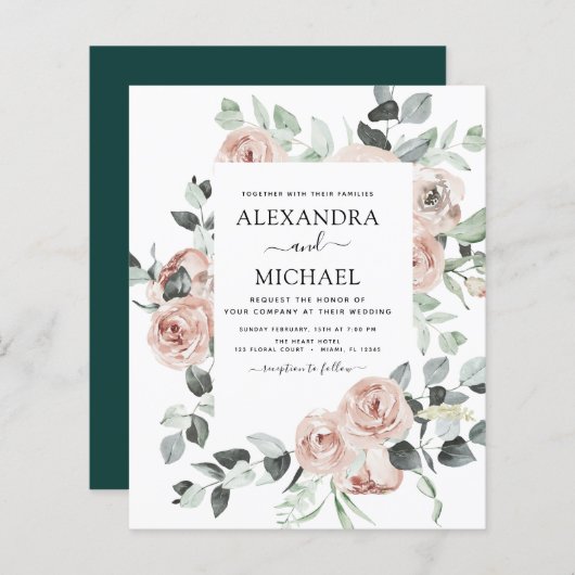 Budget Emerald Green Floral Wedding Invitation (Voorkant / Achterkant)