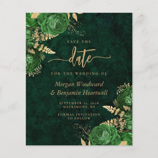 Budget Emerald Green Floral Wedding Save the Date (Voorkant)
