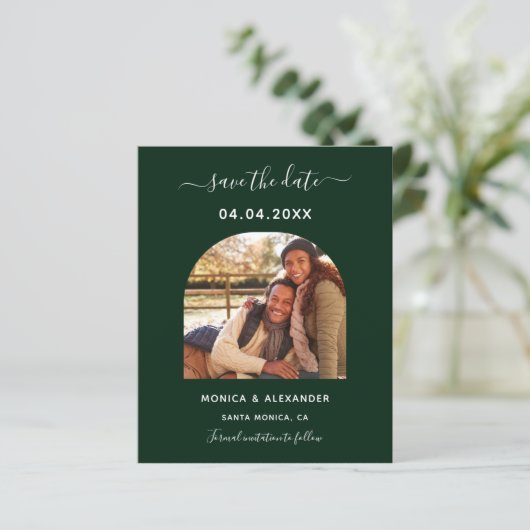 Budget emerald green foto bruiloft Save the Date (Staand voorkant)