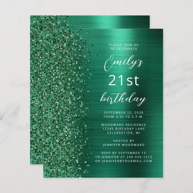 Budget Emerald Green Glam 21st Birthday Invite (Voorkant / Achterkant)