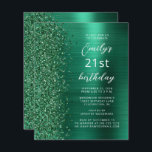 Budget Emerald Green Glam 21st Birthday Invite<br><div class="desc">De linkerrand van deze moderne verjaardagsfeestuitnodiging is voorzien van een smaragdgroene vuile glittergrens. De aanpasbare tekst combineert wit manuscript en sans serif doopvonten op een emerald groene faux geborstelde metaalachtergrond. De achterzijde heeft een passend ontwerp.</div>