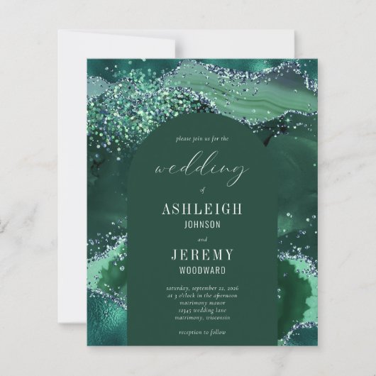 Budget Emerald Green Glitter Arch Wedding Invite (Voorkant)