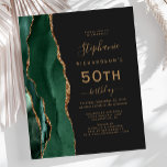 Budget Emerald Green Gold Agaat Dark 50th Birthday<br><div class="desc">De linkerrand van deze elegante 50e verjaardagsfeestuitnodiging is voorzien van een smaragdgroene waterverf agaatrand met gouden faux glitter. De aanpasbare tekst combineert goudkleurig handschrift,  koperplaat en cursieve lettertypen op een leisteen zwarte achtergrond. De achterkant heeft een bijpassend smaragdgroen en gouden agaat ontwerp.</div>