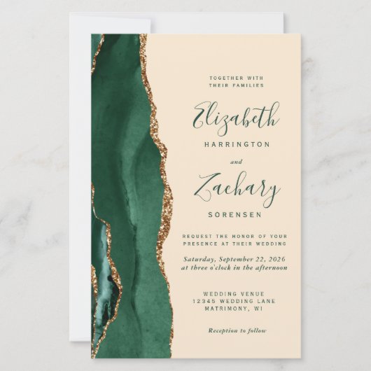 Budget Emerald Green Gold Agate Champagne Wedding (Voorkant)