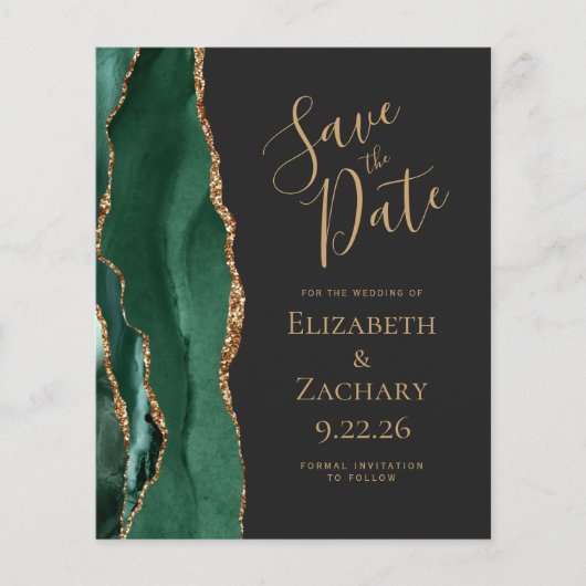 Budget Emerald Green Gold Agate Dark Save the Date (Voorkant)