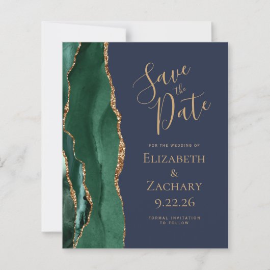 Budget Emerald Green Gold Agate Navy Save the Date (Voorkant)