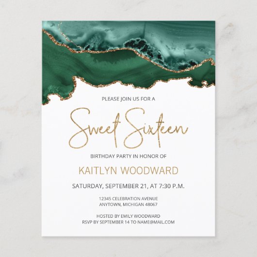 Budget Emerald Green Gold Agate Sweet 16 Uitnodigi (Voorkant)