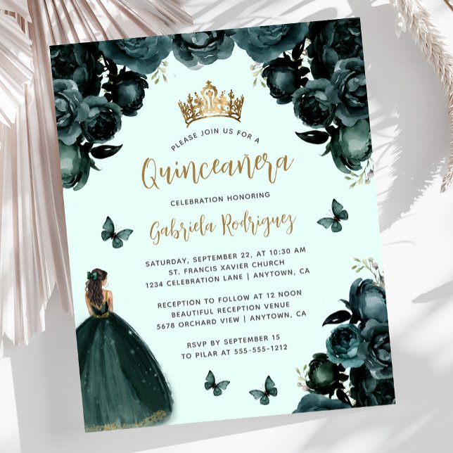 Budget Emerald Green Gold Floral Quinceañera (Creator heeft geüpload)