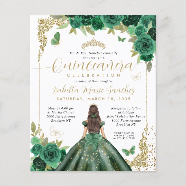 Budget Emerald Green Gold Princess Quinceañera (Voorkant)