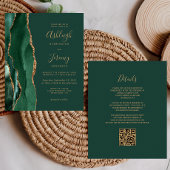 Budget Emerald Green Gold QR Code Weduwen Uitnodig