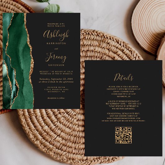 Budget Emerald Green Gold QR Code Weduwen Uitnodig
