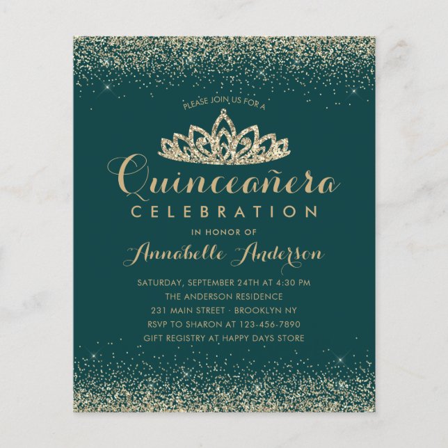 Budget Emerald Green Gold Quinceañera Tiara Invite (Voorkant)