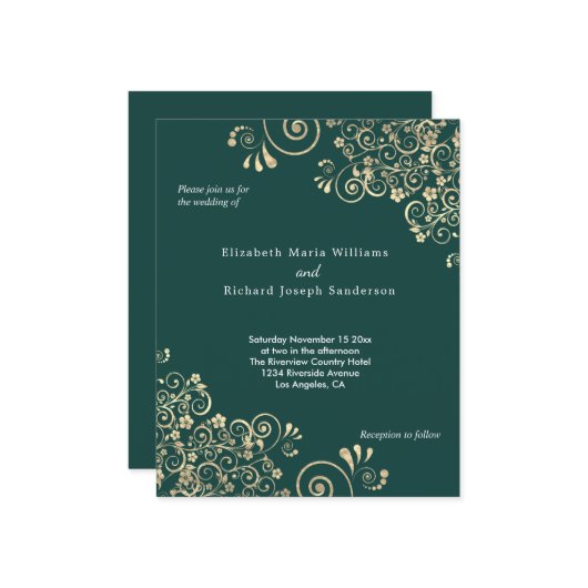 Budget Emerald Green Gold Swirl Weddenschap (Voorkant / Achterkant in situ)