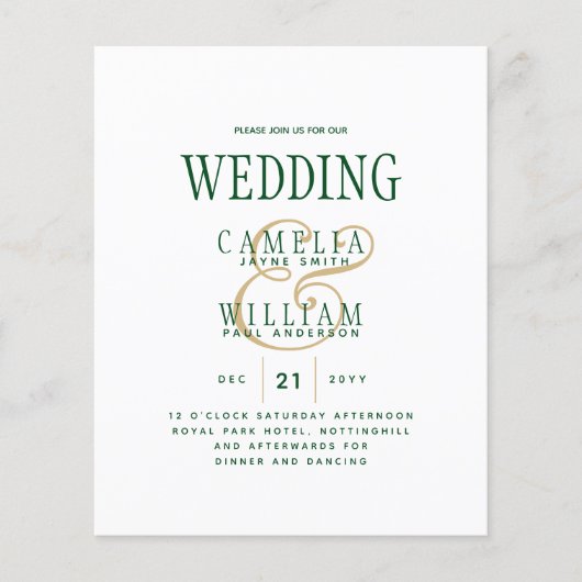 BUDGET Emerald Green Gold Wedding Invite Flyer (Voorkant)